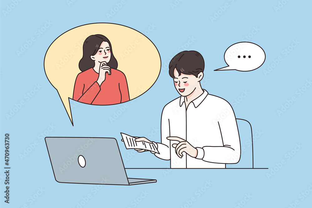 Online business communication and chat concept. Young people man and woman colleagues chatting online on laptop for work vector illustration 