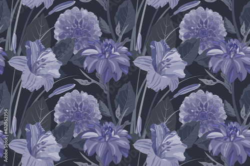 Vector floral seamless background with dahlias and lilies. Pattern with purple flowers and leaves on a dark background. Design with repeating floral elements for wallpapers, fabrics, and more.