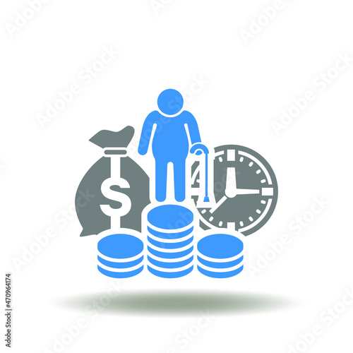 Vector illustration of coins pile with elderly pensioner and money bag with clock. Icon of pension plan. Symbol of retirement planning.