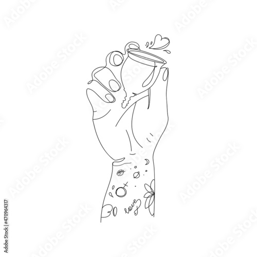 Zero waste concept. Menstrual cups in female hands with tattoos.Ecological protection for women on critical days.Vector illustration of feminine hygiene product drawn in outline continuous style 