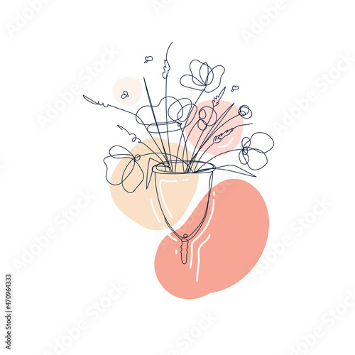 Menstrual cup with flowers, hand drawn sketch, outline style. Isolated on white background vector illustration feminine hygiene item.Eco protection for a woman on critical days. Zero Waste Concept