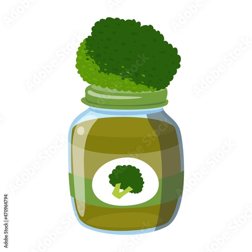 Glass jar of natural baby food. Vegetable puree from organic broccoli. Healthy meal for kids. Flat vector icon