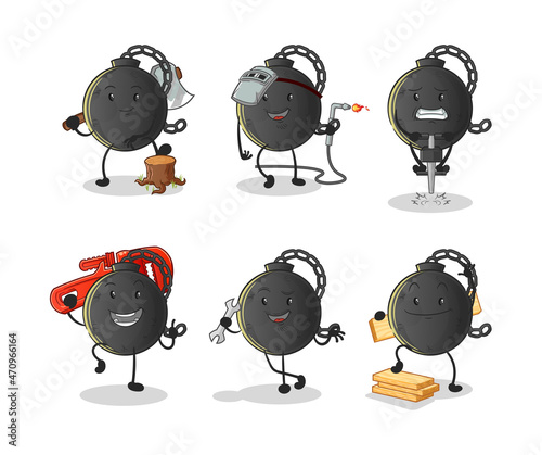 prison ball worker set character. cartoon mascot vector.