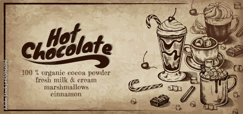 Sketch drawing banner of Hot Chocolate with marshmallows, cinnamon, whipped cream. Engraving hot cocoa, hand drawn candy cane. Vintage Winter drinks poster. Christmas cocktail. Vector illustration. 