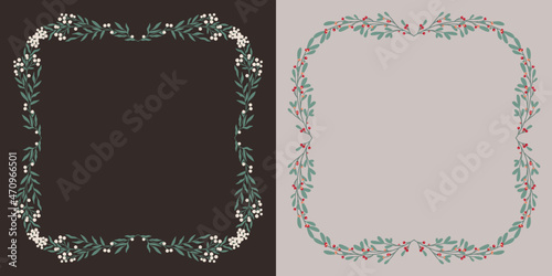 Kwadratowe zimowe ramki w prostym stylu. Botaniczne wzory z gałązkami jemioły i jagodami. Do wykorzystania na zaproszenia, świąteczne życzenia, kartki z okazji Bożego Narodzenia lub Nowego Roku.