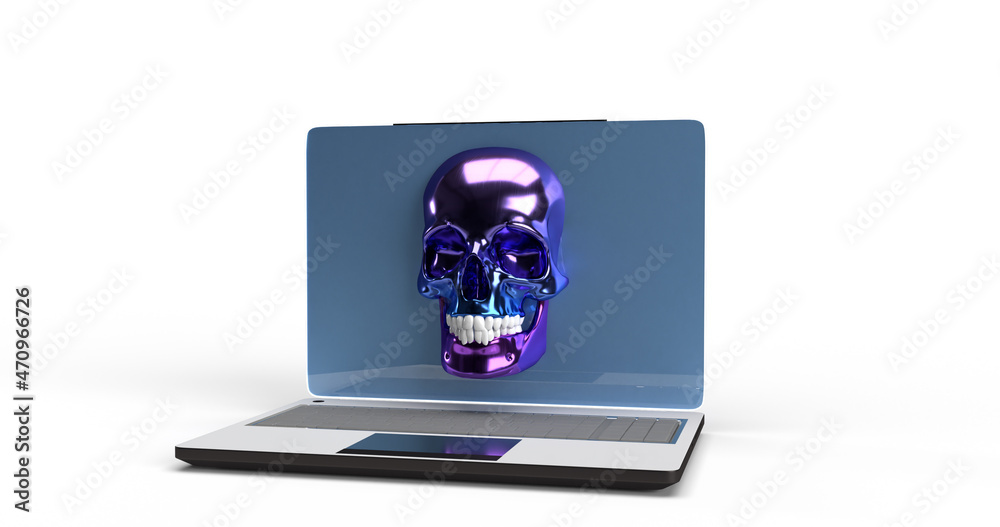custom made wallpaper toronto digital3D illustration of a human colored skull emerging from a laptop screen