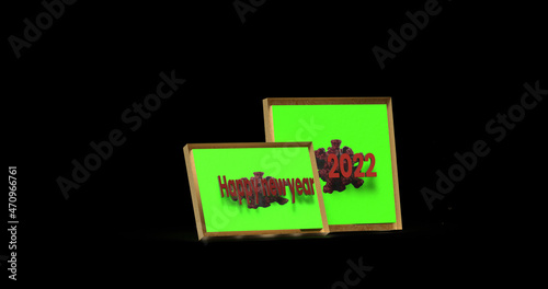 3D illustration of a wooden picture frame with green paper and the inscription happy new year 2022 and the virus logo