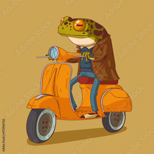 Sketch drawn vector illustration of glad humanized frog. Anthropomorphic frog. Animal character with human body. Cheerful trendy dressed frog riding yellow retro scooter in style © Kyyybic
