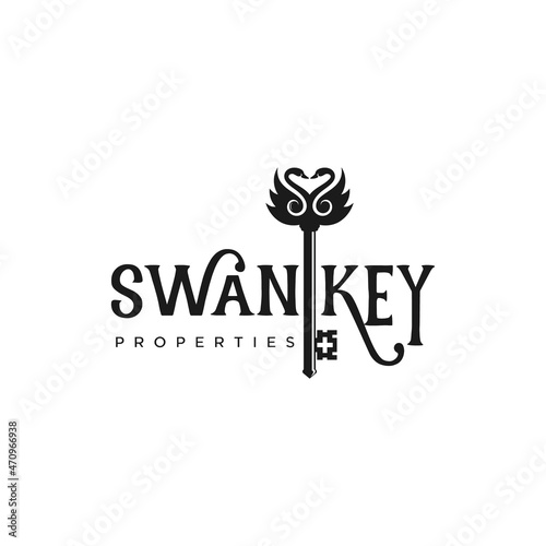 swan and key logo property icon design illustration