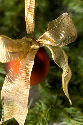 Gold Bow on Red Christmas Ornament