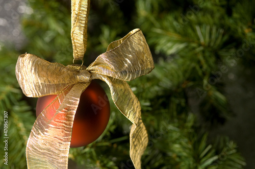 Red Ornament with Gold Bow, Christmas tree