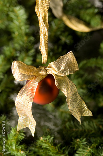 Red Christmas Ornament with gold bow on tree