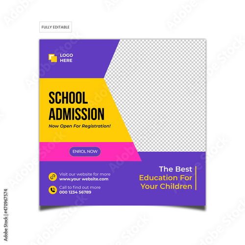 School admission social media post template. Junior and senior high school promotion banner