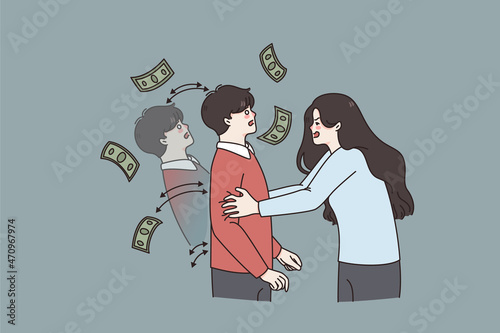 Financial addiction and money concept. Young angry mercantile woman standing and demanding money from frustrated man vector illustration 