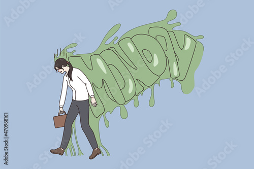 Feeling zombie on Monday concept. Young stressed exhausted woman worker going to work feeling zombie on Monday vector illustration 