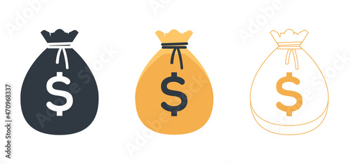 Money bag icons. Finance icons. Business Icons, money signs. Money silhouette collection.