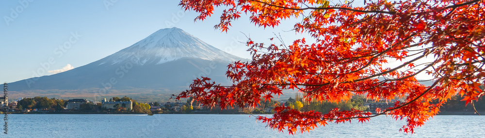 Mount Fuji and Lake kawaguchiko in autumn. It is a popular tourist destination. Mount Fuji and Lake kawaguchiko in autumn. It is a popular tourist destination.