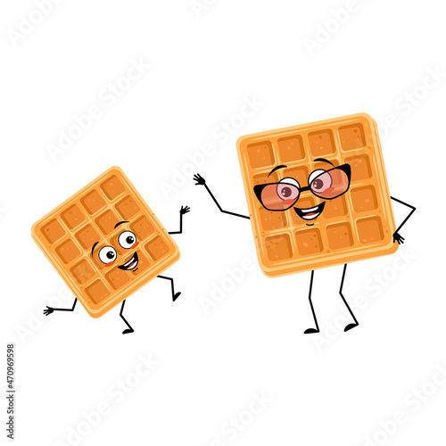 Cute character belgian waffle with happy emotions, face, smile, eyes, arms and legs. Cheerful baking people, dessert with joyful expression. Grandmother with glasses and grandson. Vector illustration