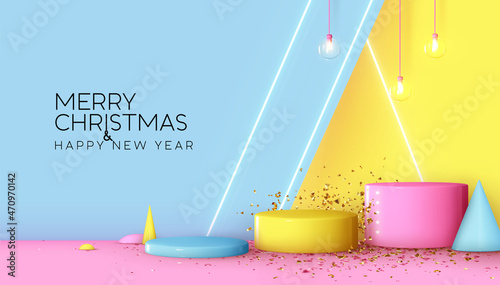 Christmas Realistic 3d design stand podium, round stage studio. Geometric shape Cylinder platforms for product. Happy New Year background pastel soft colors blue, pink and yellow. Vector illustration