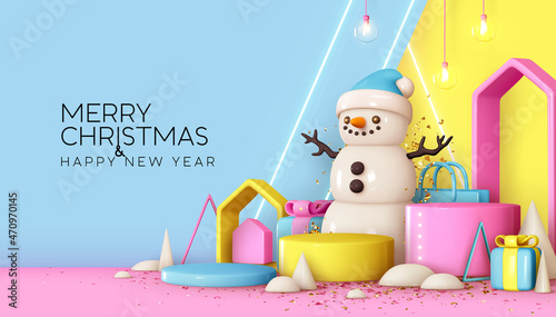 Christmas Realistic 3d design stand podium, round stage studio. Christmas Festive decorative objects. Happy New Year background pastel soft colors blue, pink and yellow. Vector illustration