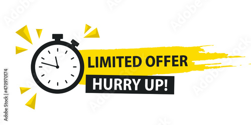 Modern Yellow Banner Limited Offer, Hurry Up Tag With Stop Watch. Vector Web Element. photo