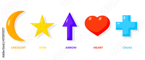 Flat cartoon geometric forms icons set. Colorful basic math shapes with names as crescent, star, arrow, cross, heart. Educational material for preschool kids. Isolated on white vector illustration