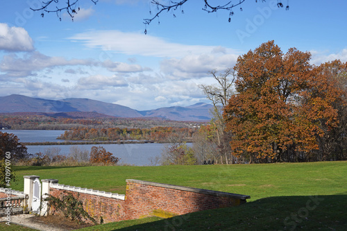 Old garden wall with scenic view of Hudson River Valley in Dutchess County, New York photo