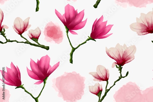 Fototapeta Naklejka Na Ścianę i Meble -  Seamless floral pattern with magnolies in watercolor style