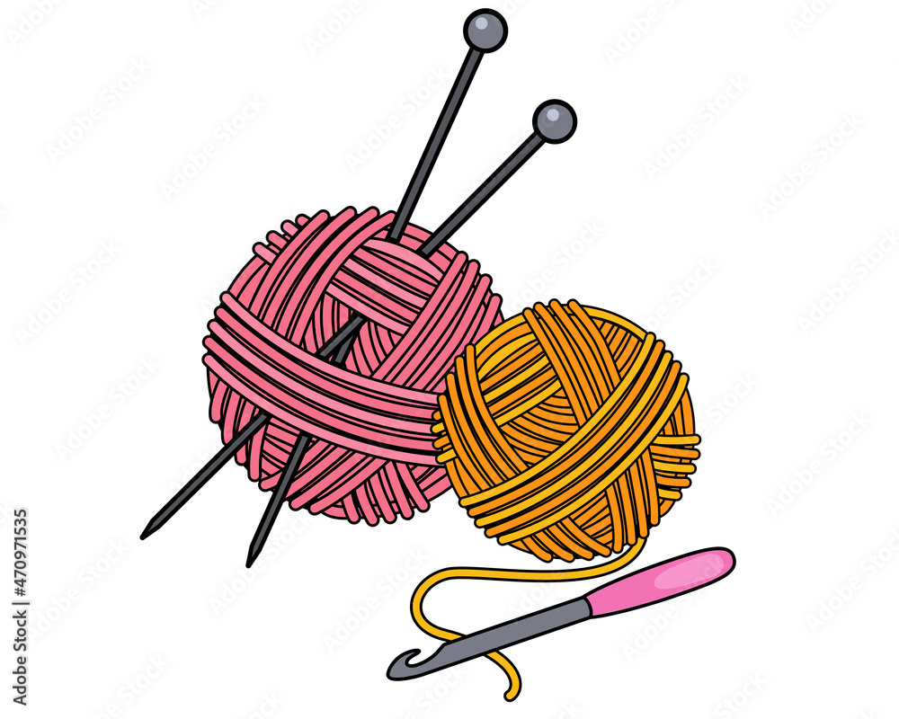 Crochet hook, knitting needles and threads - vector full color  illustration. Balls of yarn and knitting tools. Set for handmade, hand  knitting. Stock Vector | Adobe Stock