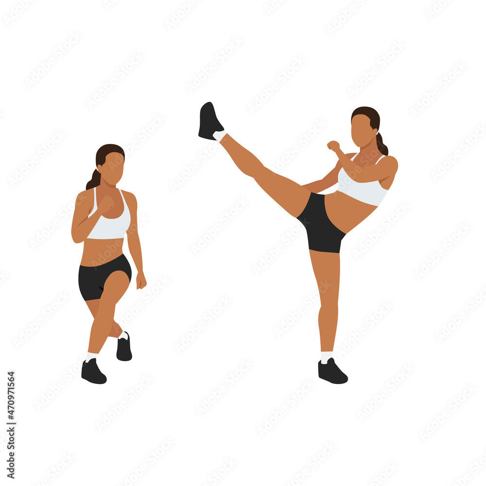 Woman doing Curtsy lunge side kick exercise. Flat vector illustration isolated on white background Woman doing Curtsy lunge side kick exercise. Flat vector illustration isolated on white background
