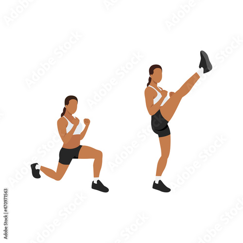 Woman doing Lunge kick exercise. Flat vector illustration isolated on white background