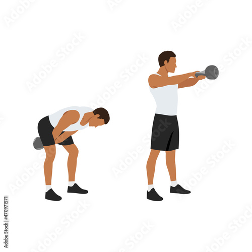 Man doing Kettlebell swing exercise. Flat vector illustration isolated on white background