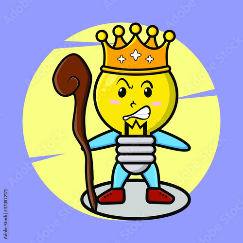 Cartoon lamp mascot as wise king with golden crown and wooden stick cute style design for t-shirt, sticker, logo element