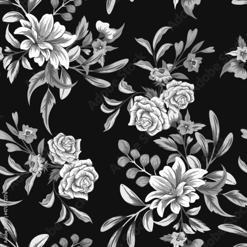 Classical seamless pattern with botanical floral design illustration.