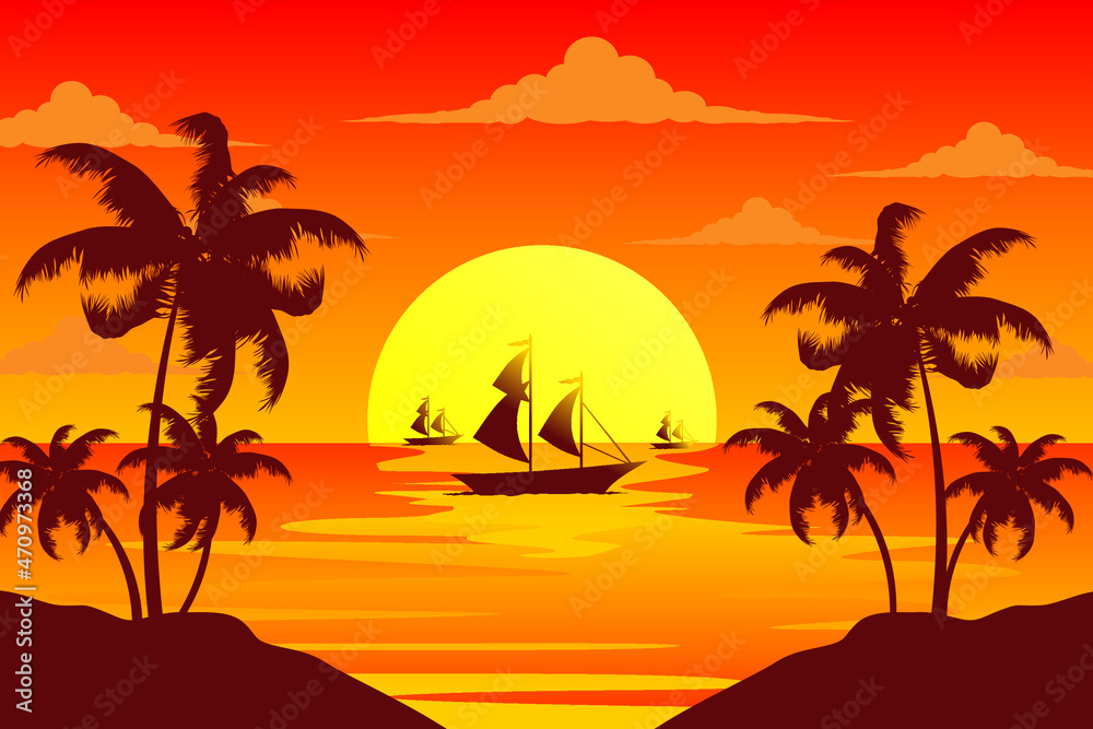 Sailboat with sunset. Sailboat in the ocean with a seagull background vector
