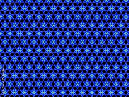 Abstract blue flower pattern on navy blue background.