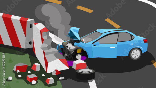 Accident of sedan car blue color crashes into a broken barrier bar. on the side of the asphalt road. The bonnet was opened and a cloud of smoke came out from engine. At curvy path of road with line.