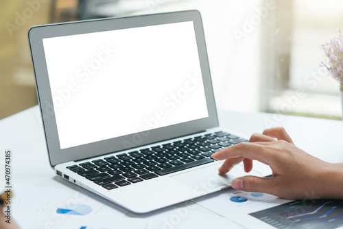 Blank screen laptop mock up,Woman typing laptop keyboard.