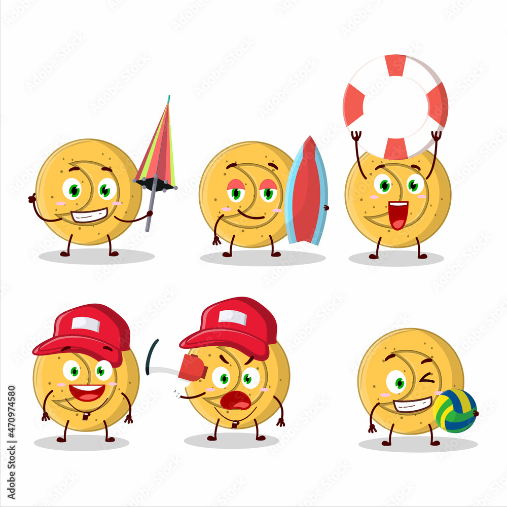 Happy Face dalgona candy moon cartoon character playing on a beach Happy Face dalgona candy moon cartoon character playing on a beach