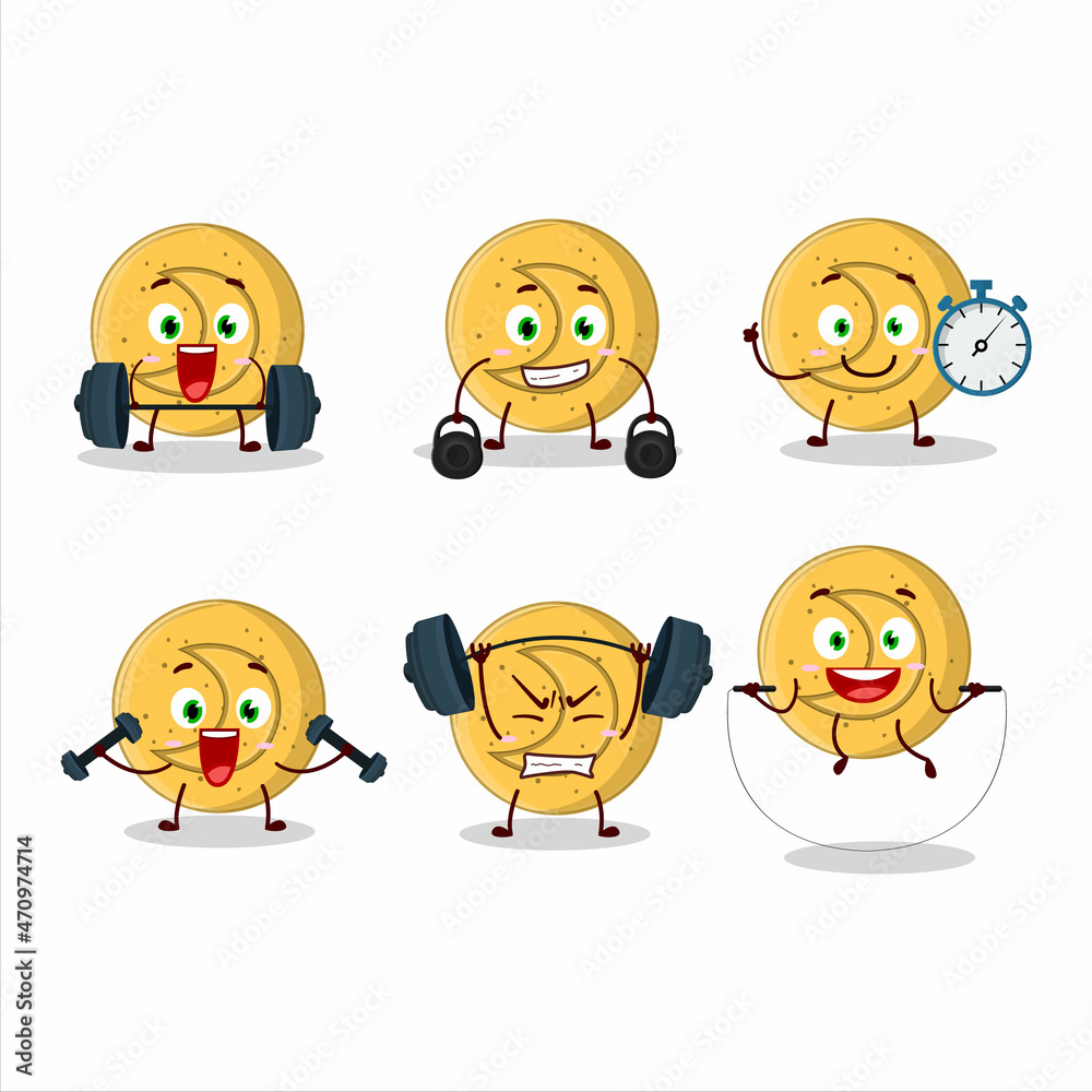 A healthy dalgona candy moon cartoon style trying some tools on Fitness center A healthy dalgona candy moon cartoon style trying some tools on Fitness center
