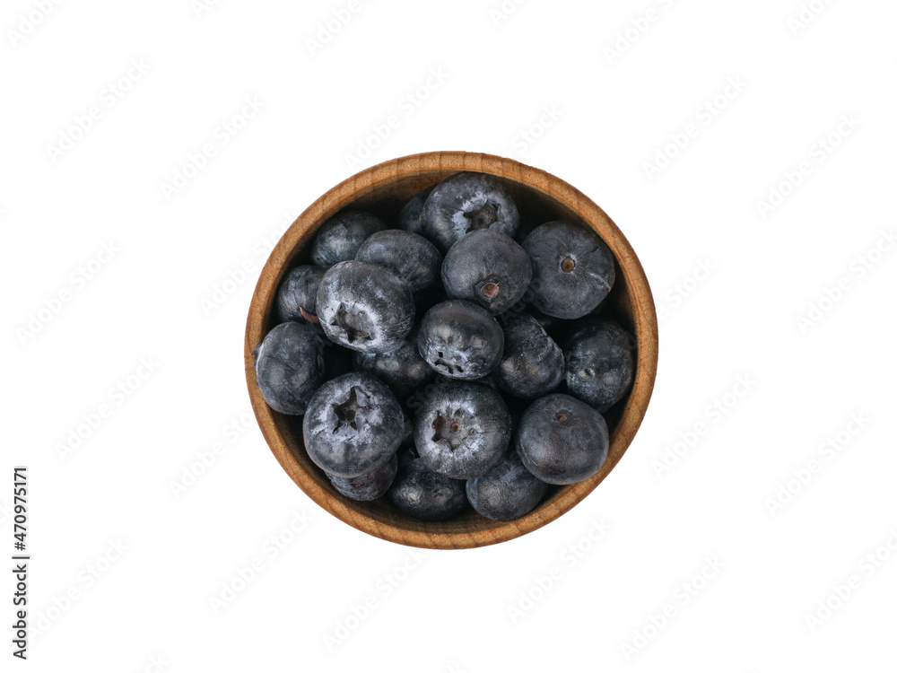 Top view of a wooden bowl with blueberries isolated on a white background. Top view of a wooden bowl with blueberries isolated on a white background.