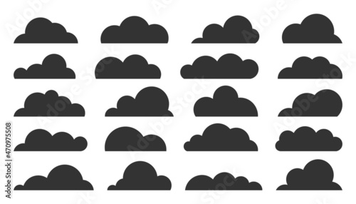 Cloud black silhouette set. Stamp smoke weather symbol game app widget website interface. Meteorology wallpaper splash element cloudless. Blank form nodding shape postcard book advertising isolated