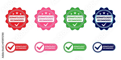 Dermatologist Recommended Label, Stamp, Badge, or Logo. With check symbol. On red, pink, green, and blue colors. Premium and luxury emblem vector