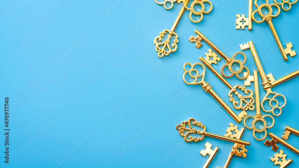 Key to success, secret society and forward looking statements concept with gold keys isolated on blue background with copy space