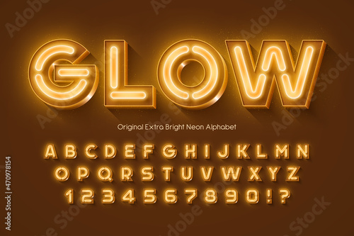Neon light 3d alphabet, retro-futuristic origainal type.
