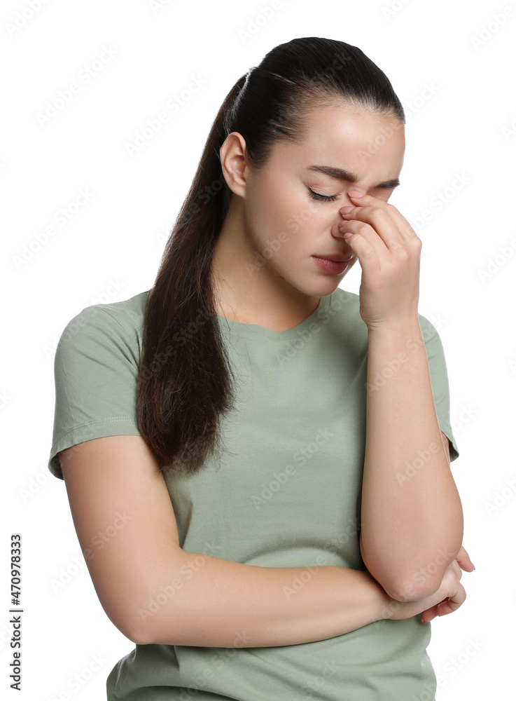 Young woman suffering from headache on white background Young woman suffering from headache on white background