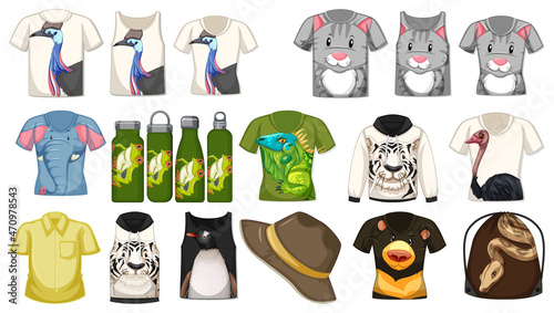 Fototapeta Naklejka Na Ścianę i Meble -  Set of different shirts and accessories with animal patterns