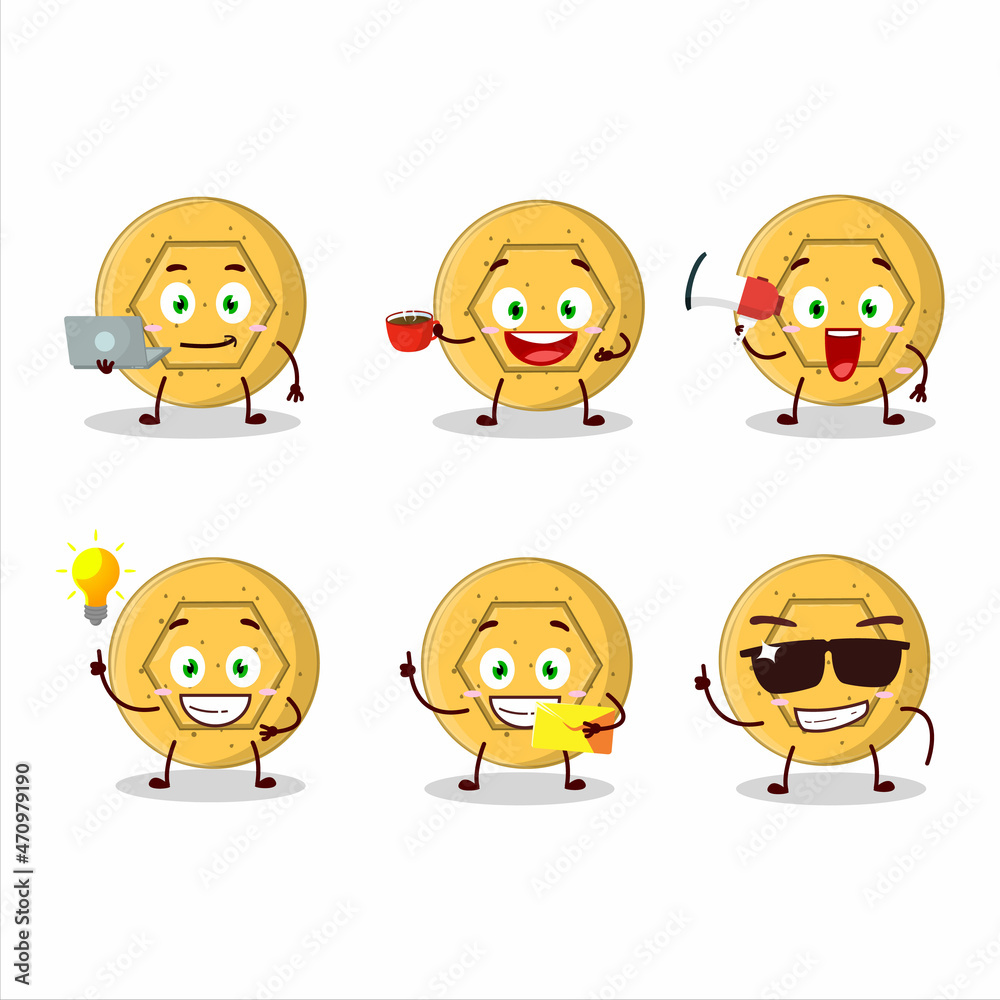 Dalgona candy pentagon cartoon character with various types of business emoticons