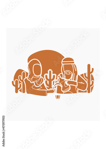 Editable Vector of Flat Monochrome Style Arab Man Pouring Arabic Coffee From Dallah Pot into Finjan Cup for His Wife Illustration for Islamic Moments or Arabian Culture Cafe and Family Related Design