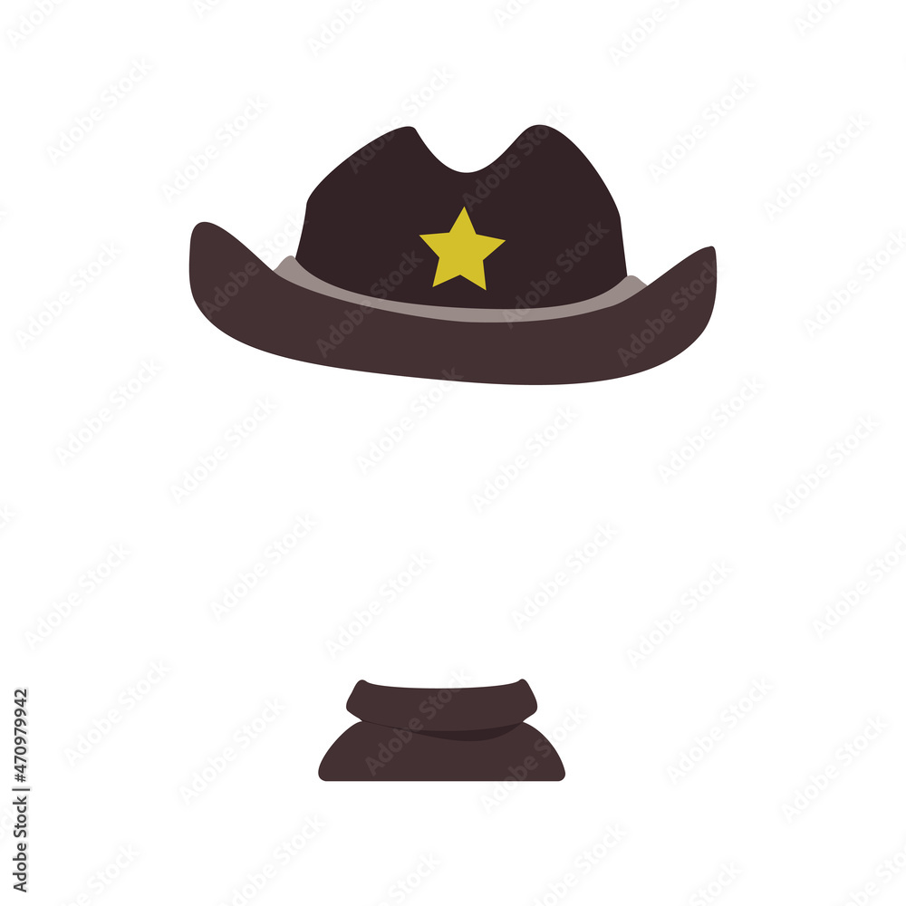 Sheriff hat with yellow star and scarf for holiday or party. Template or frame for head. Headdress, item of clothing, children accessory. Vector flat illustration Sheriff hat with yellow star and scarf for holiday or party. Template or frame for head. Headdress, item of clothing, children accessory. Vector flat illustration